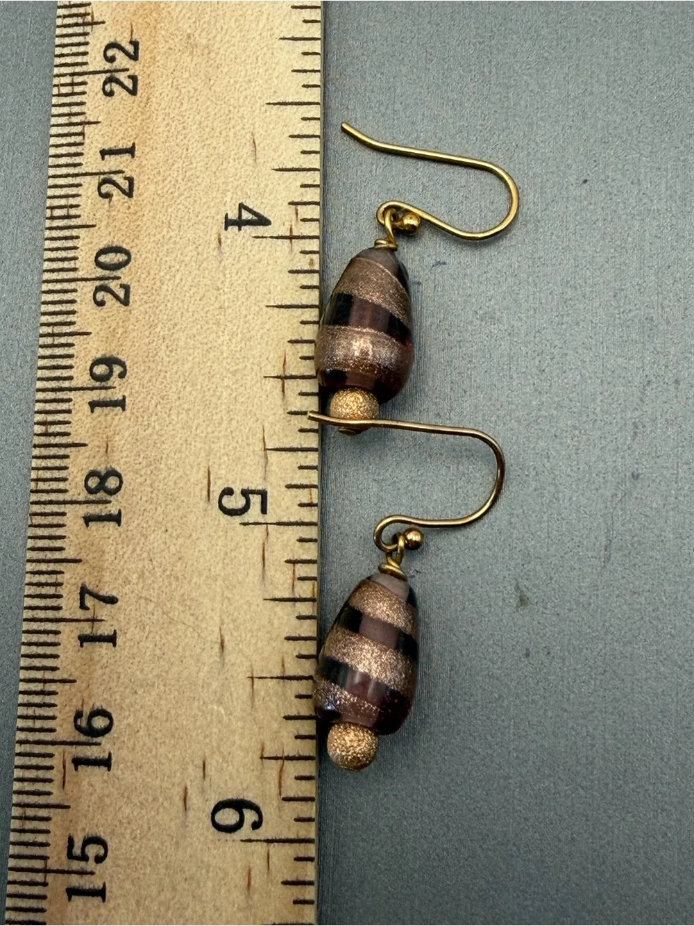 Venetian Gold and Amethyst Swirl Teardrop Glass Earrings Vintage